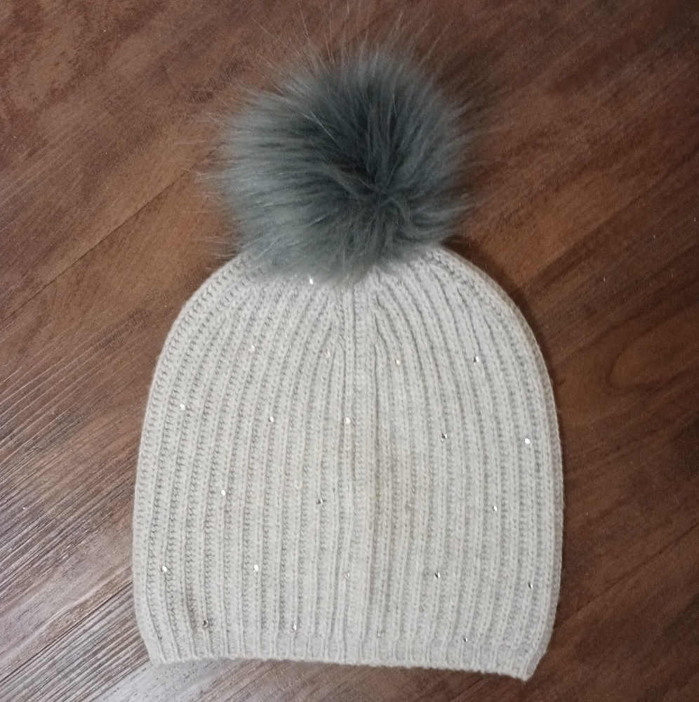 - Carolyn Rowan Ribbed Cashmere-Blend Beanie w Crystals and Faux Fur Pom P…